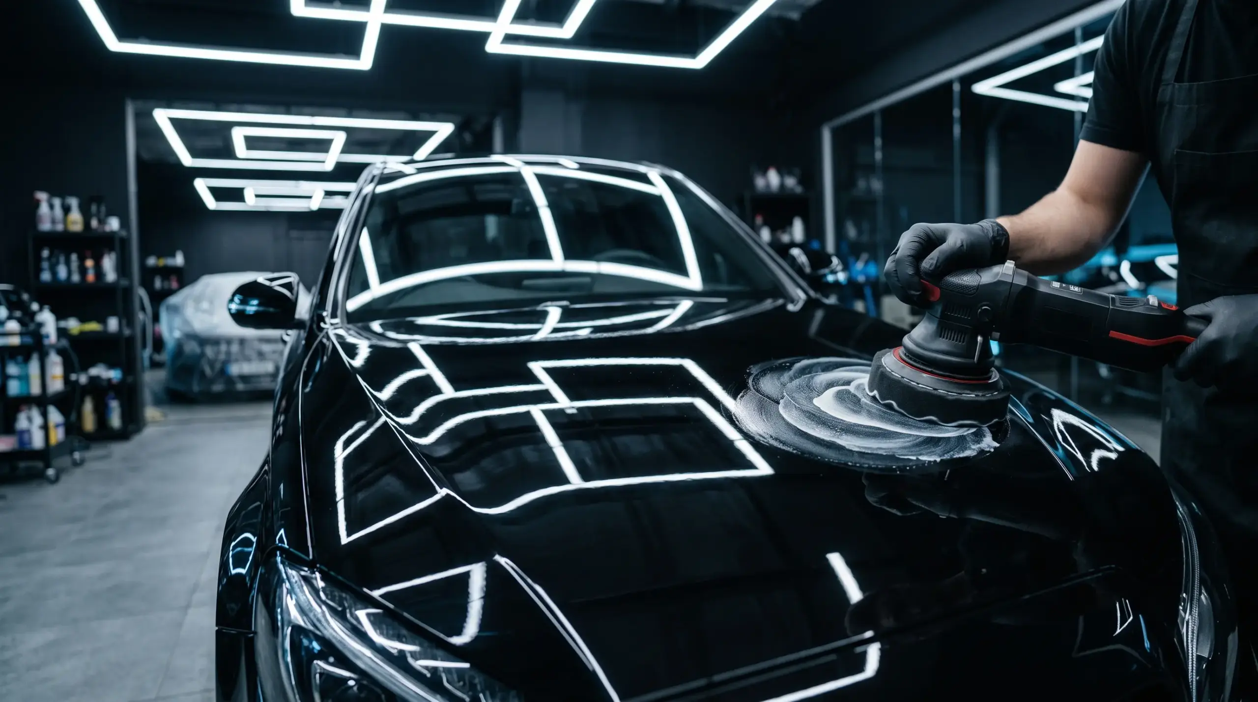 Glossy black paint undergoing professional machine correction