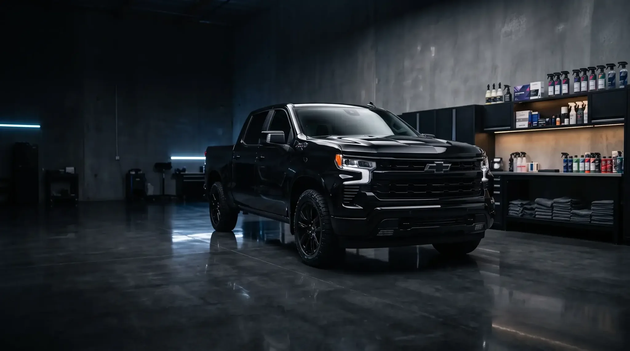 Black Chevrolet Silverado freshly detailed in the Precision Ceramics studio