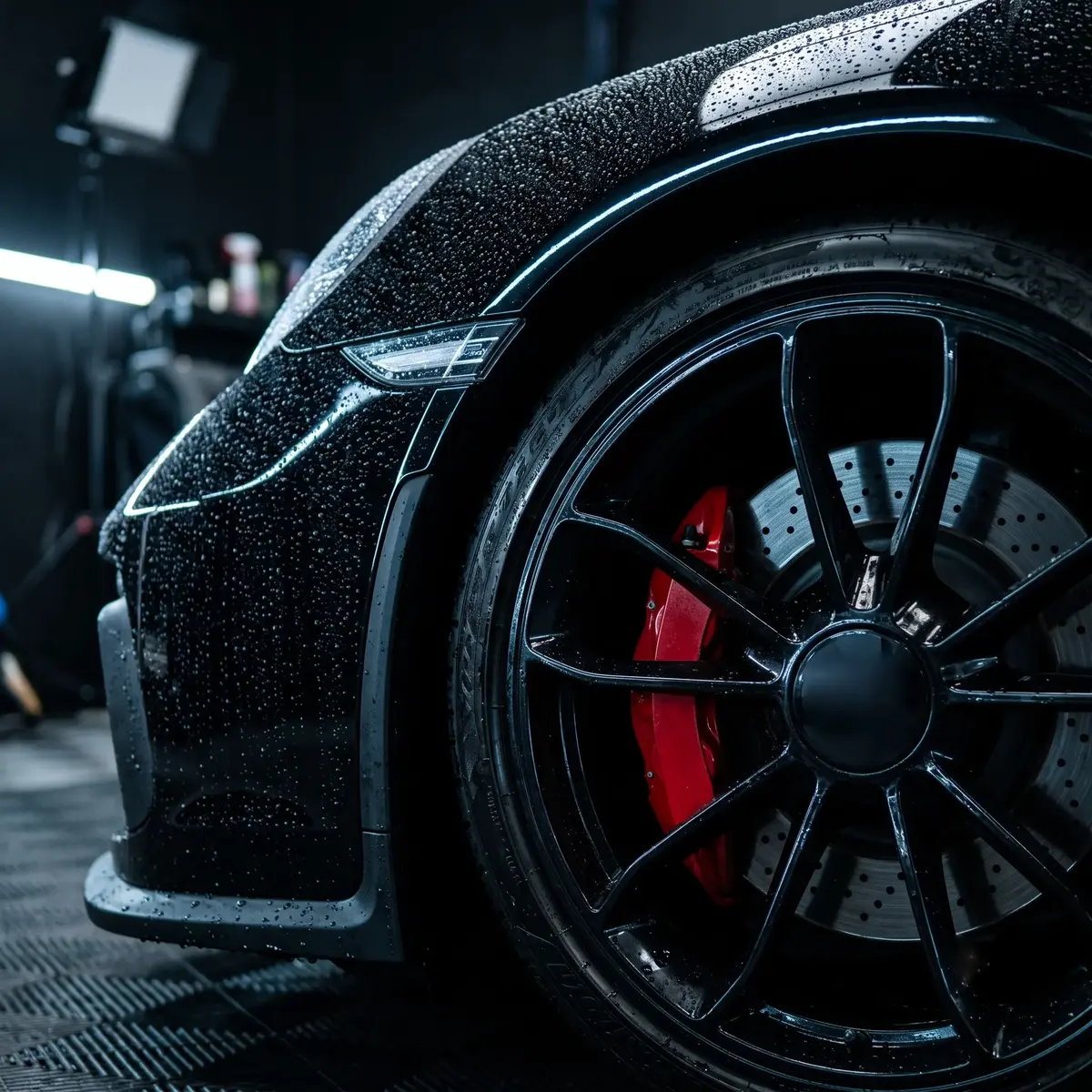 Ceramic-coated wheel with water beading and red brake caliper