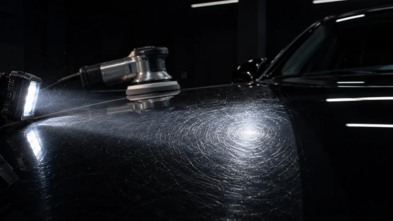 Inspection light raking across black car paint to reveal fine swirl marks before machine correction