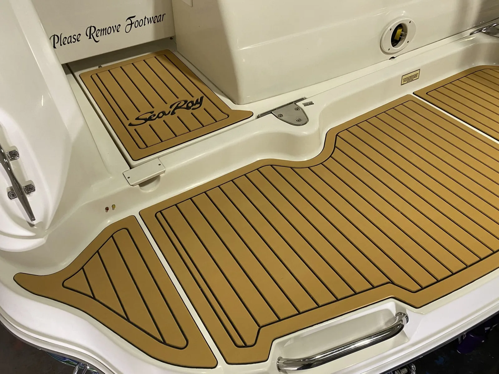 Sea Ray 340 with new teak-on-black soft non-slip marine flooring installed by Precision Ceramics in Owen Sound
