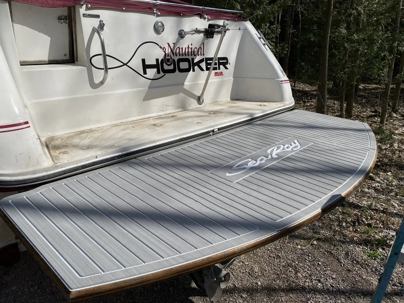 Sea Ray swim platform with new soft non-slip marine flooring installed by Precision Ceramics in Owen Sound